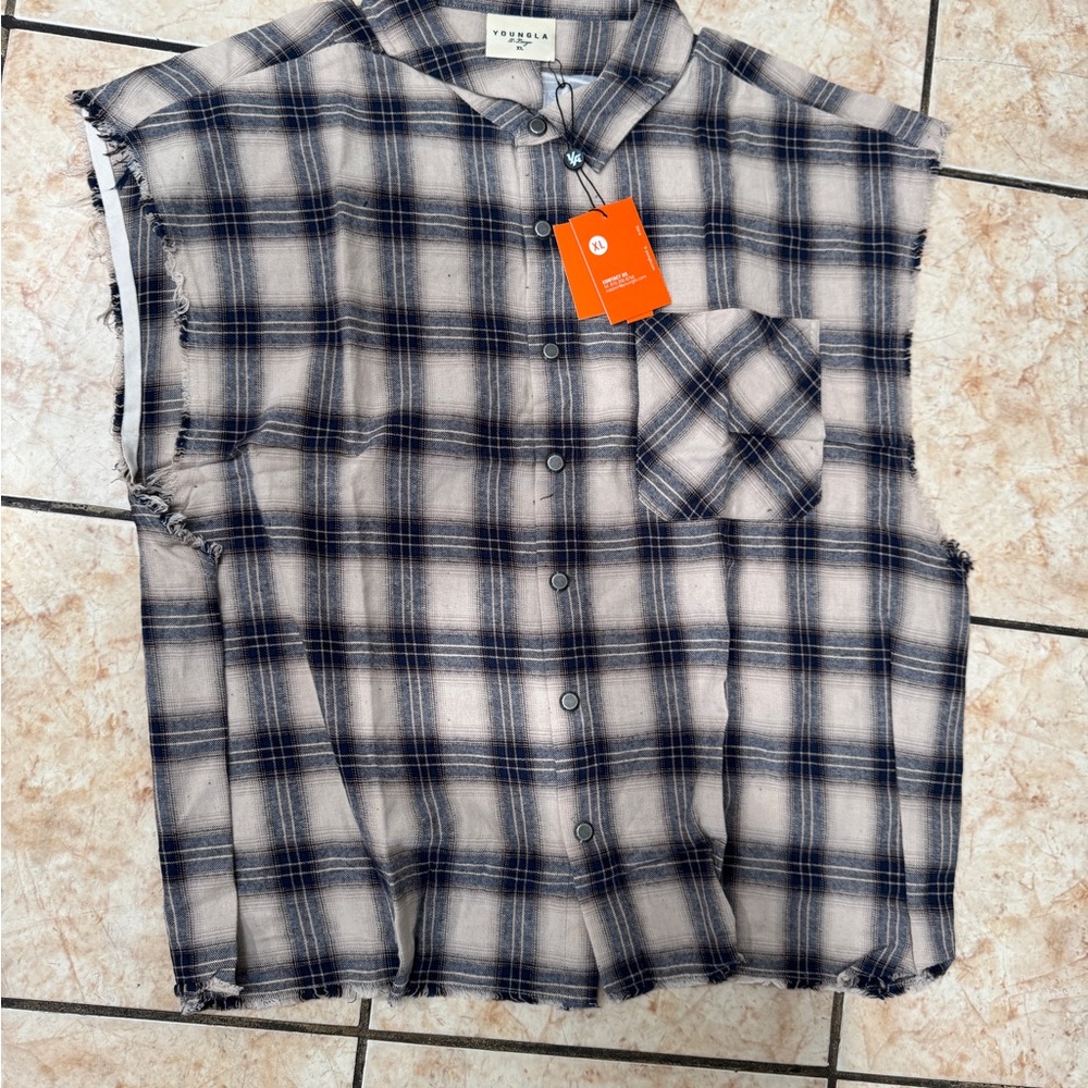 YoungLA Black & White Plaid Sleeveless Button-Down Shirt